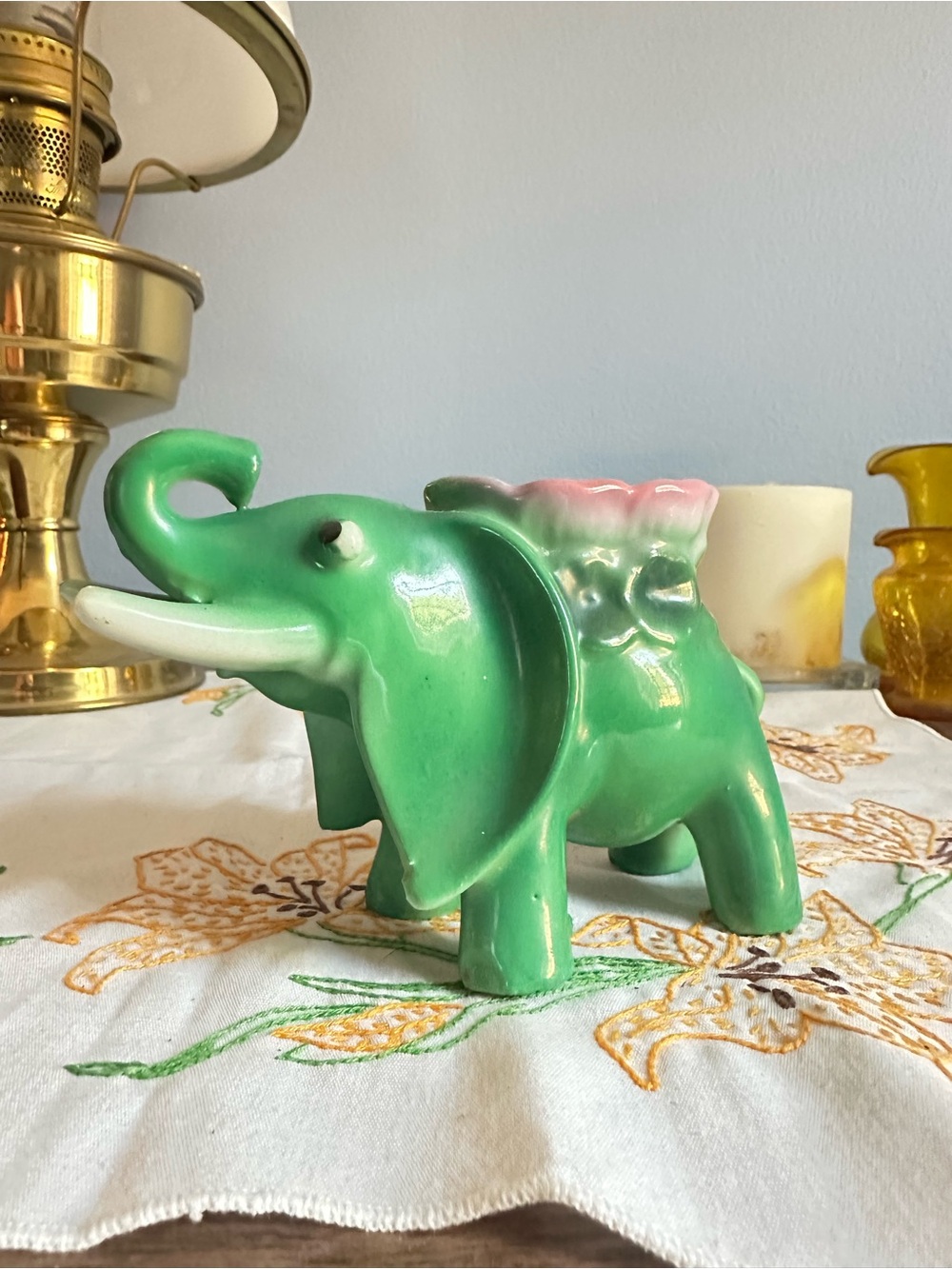 Vintage Green Ceramic Elephant Planter Vase Trunk Up Pink White 6”